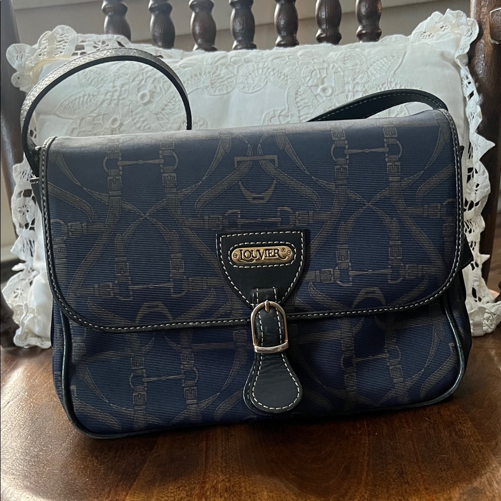 Vintage 90S LOUVIER Navy Equestrian Saddlery Canvas Shoulder Bag Crossbody